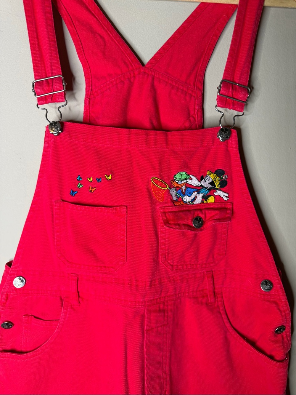 90s Y2K Bib Overalls Shorts Shortalls Mickey Mouse Donald Large Embroidered Vtg - Picture 2 of 9